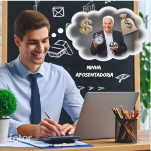 Um Adulto Jovem Planejando sua Previdência e Sonhando com a sua Aposentadoria aos 50 anos.